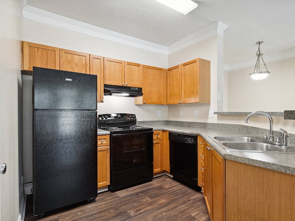 A kitchen with black appliances at the Lakeside Vista Apartments in Kennesaw, Georgia.